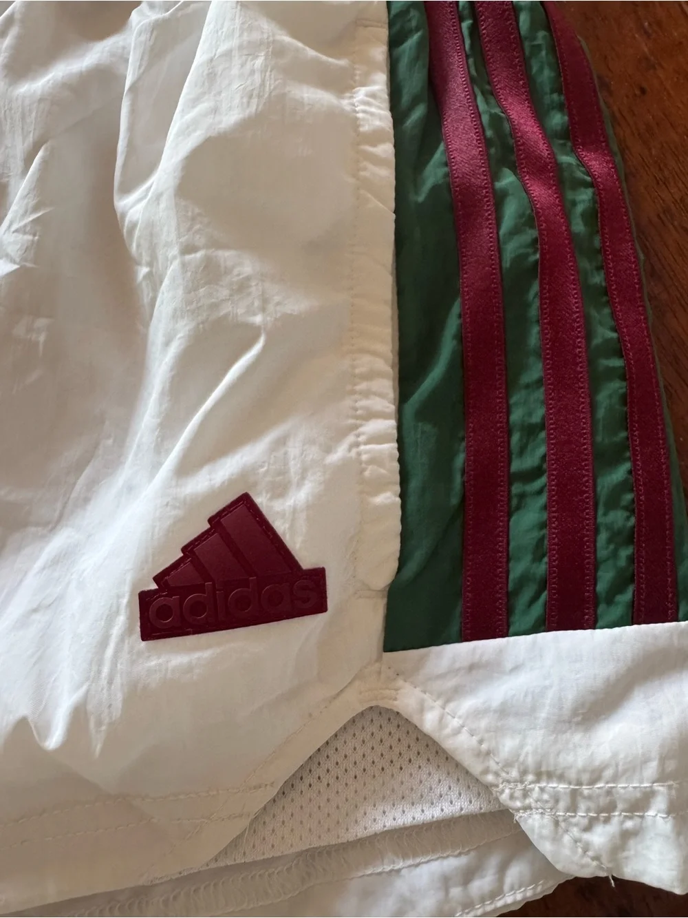 Adidas White Vintage Inspired Running Shorts with Green & Burgundy Stripe - Picture 2 of 5